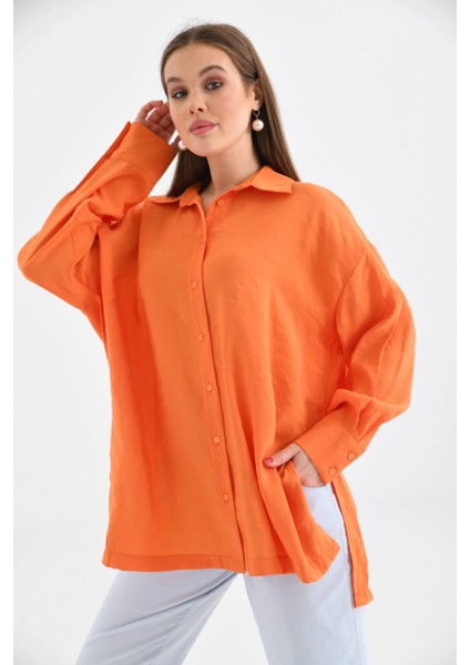 Kadın Orange Oversize Uzun Kol Basic Gömlek