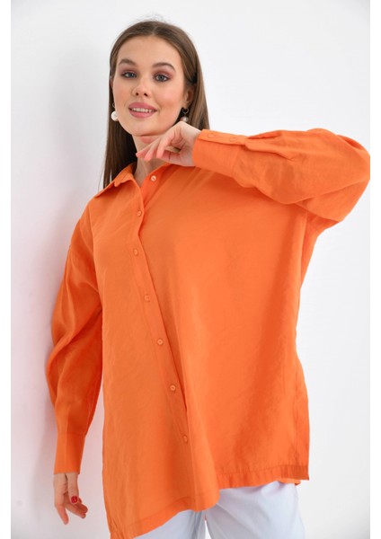 Kadın Orange Oversize Uzun Kol Basic Gömlek