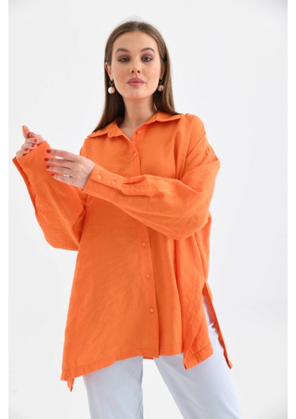 Kadın Orange Oversize Uzun Kol Basic Gömlek