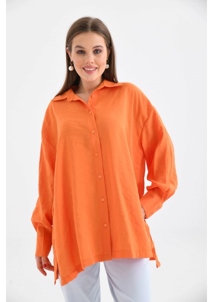 Kadın Orange Oversize Uzun Kol Basic Gömlek