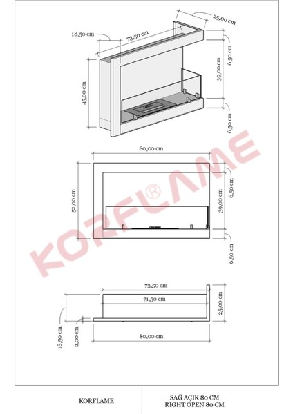 Sağ Açık  80 cm Bioetanol Şömine