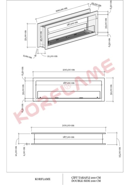 Çift Taraflı 200 cm Bioetanol Şömine