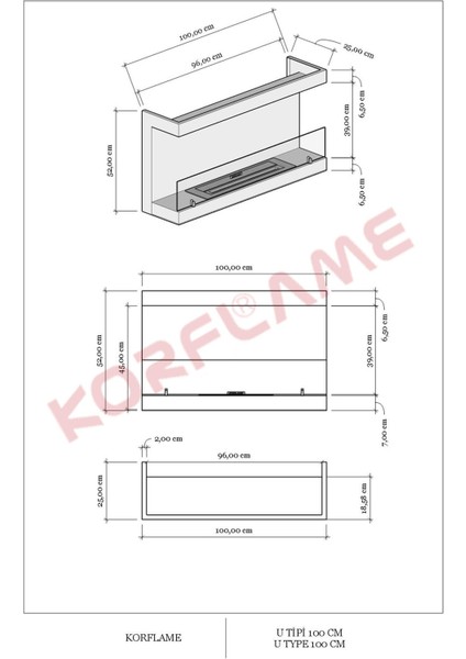 U Tipi 100 cm Bioetanol Şömine