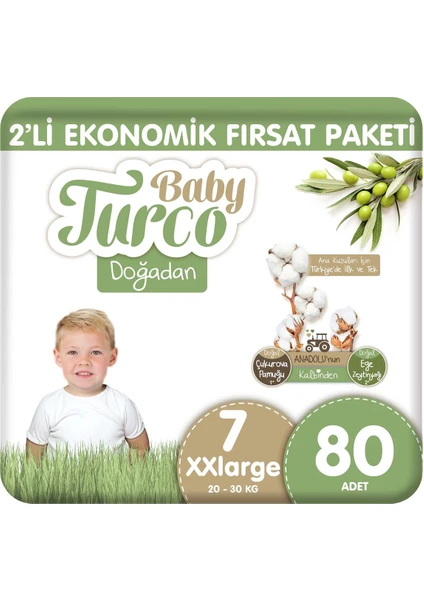 Baby Turco Doğadan 2'li Ekonomik Fırsat Paketi Bebek Bezi 7 Numara Xxlarge 80 Adet