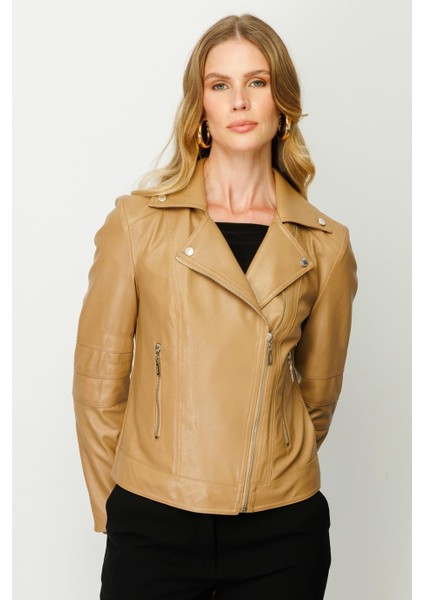 Deri Fermuarlı Camel Kadın Mont 9001-2K4
