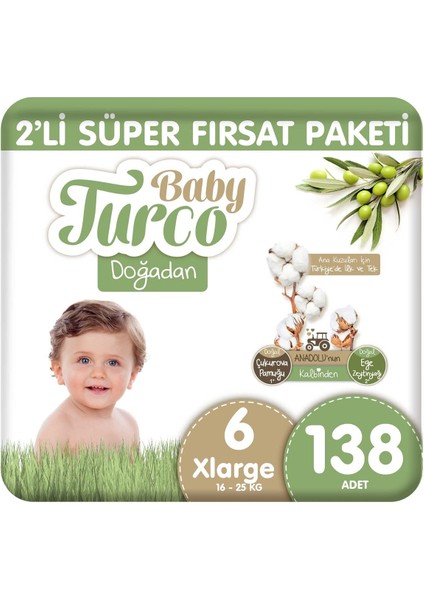 Baby Turco Doğadan 2'li Süper Fırsat Paketi Bebek Bezi 6 Numara Xlarge 138 Adet