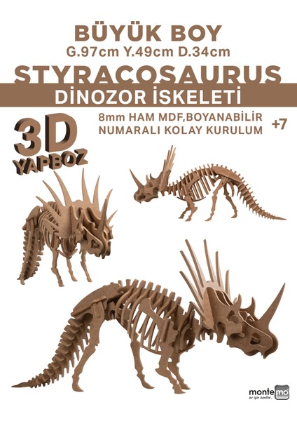 Styracosaurus 3D Dinozor Maket-Yapboz-Dekoratif Obje-Ahşap-(8mm Ham Mdf)