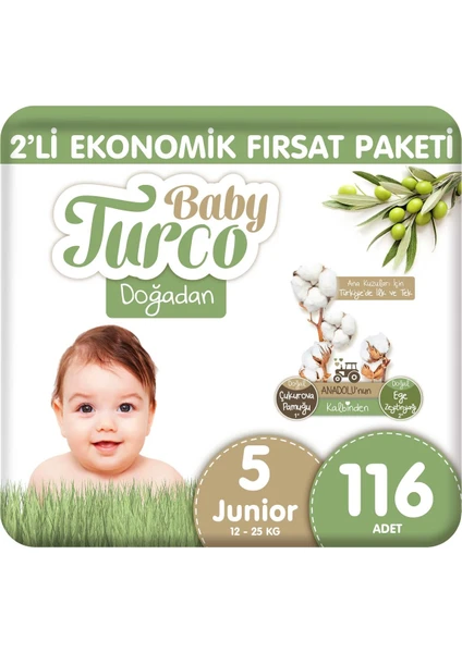 Baby Turco Doğadan 2'li Ekonomik Fırsat Paketi Bebek Bezi 5 Numara Junior 116 Adet