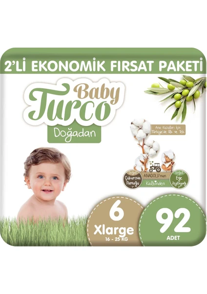 Baby Turco Doğadan 2'li Ekonomik Fırsat Paketi Bebek Bezi 6 Numara Xlarge 92 Adet