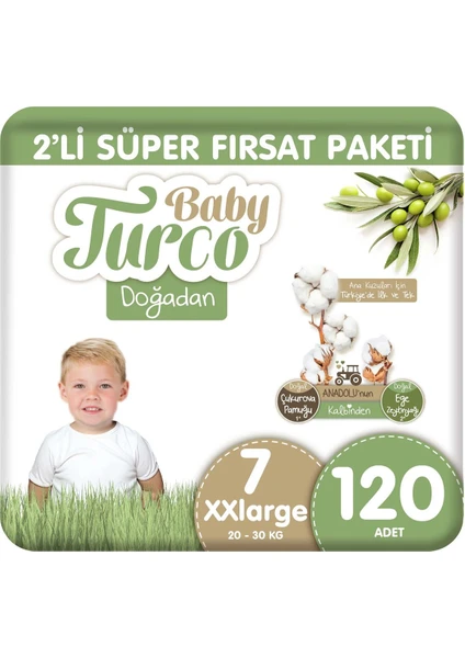 Baby Turco Doğadan 2'li Süper Fırsat Paketi Bebek Bezi 7 Numara Xxlarge 120 Adet