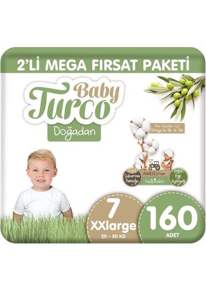 Baby Turco Doğadan 2'li Mega Fırsat Paketi Bebek Bezi 7 Numara Xxlarge 160 Adet