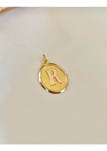14 Ayar Altın Vintage Oval R Harf Kolye Ucu