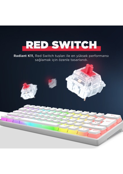 RADIANT K11 Beyaz Type-C Bağlantılı RGB Puding Tuşlu US Layout (ingilizce Q) Red Switch Gaming Oyuncu Klavye