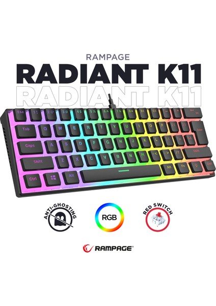 RADIANT K11 Siyah Type-C Bağlantılı RGB Puding Tuşlu US Layout Red Switch Gaming Oyuncu Klavye