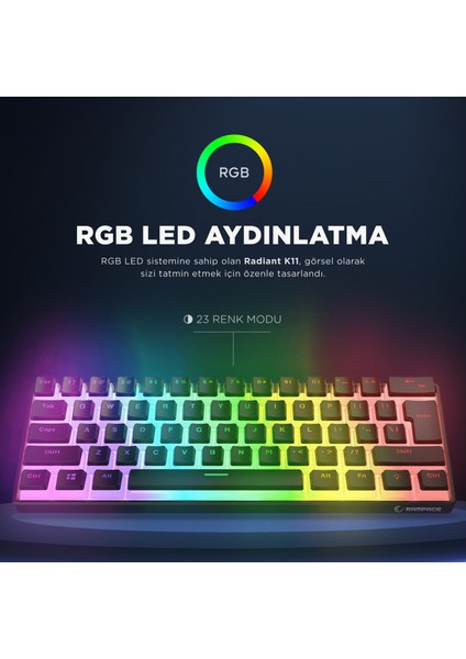 RADIANT K11 Siyah Type-C Bağlantılı RGB Puding Tuşlu US Layout Red Switch Gaming Oyuncu Klavye