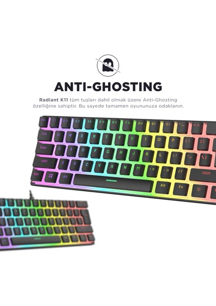 RADIANT K11 Siyah Type-C Bağlantılı RGB Puding Tuşlu US Layout Red Switch Gaming Oyuncu Klavye