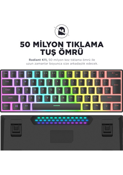 RADIANT K11 Siyah Type-C Bağlantılı RGB Puding Tuşlu US Layout Red Switch Gaming Oyuncu Klavye