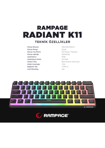 RADIANT K11 Siyah Type-C Bağlantılı RGB Puding Tuşlu US Layout Red Switch Gaming Oyuncu Klavye