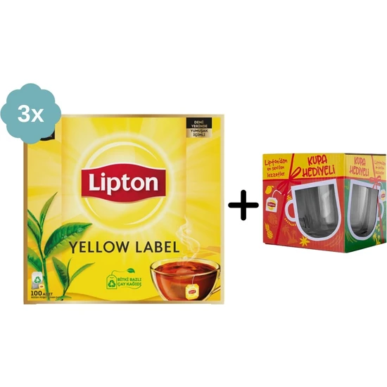 Lipton Yellow Label Bardak Poşet Çay 100LÜ x 3 Adet + Hediye Lipton Cam Kupa