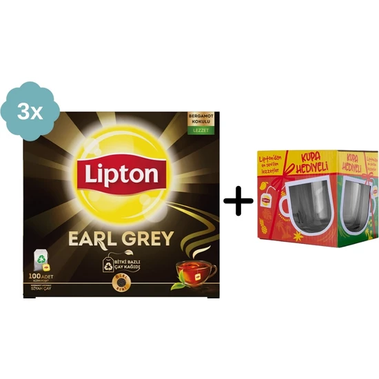 Lipton Earl Grey Bardak Poşet Çay 100LÜ x 3 Adet + Hediye Lipton Cam Kupa