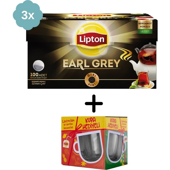 Lipton Earl Grey Demlik Çay 100'lü x 3 Adet + Lipton Cam Kupa
