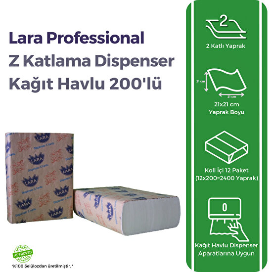 Lara Professional Z Katlama Dispenser Kağıt Havlu 200 Yaprak 12'li Paket (200x12 Adet 2400 Yaprak)
