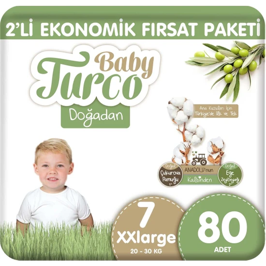 Baby Turco Doğadan 2'li Ekonomik Fırsat Paketi Bebek Bezi 7 Numara Xxlarge 80 Adet