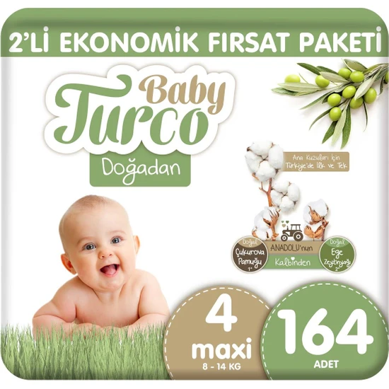 Baby Turco Doğadan 2'li Ekonomik Fırsat Paketi Bebek Bezi 4 Numara Maxi 164 Adet