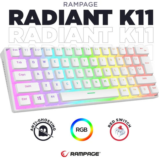 Rampage RADIANT K11 Beyaz Type-C Bağlantılı RGB Puding Tuşlu US Layout (ingilizce Q) Red Switch Gaming Oyuncu Klavye