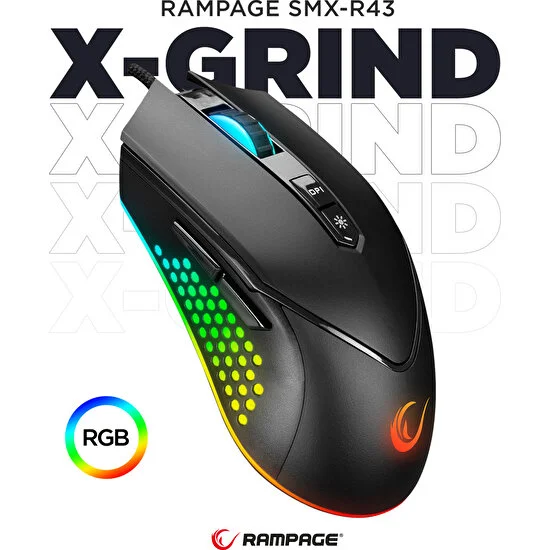 Rampage Smx-r43 X-Grind Usb Siyah 6400 Dpi RGB Ledli Makrolu Mouse Rgb Aydınlatmalı Gaming Oyuncu Mouse