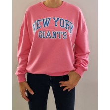 Mint Oversize Model Pembe Mavi Baskılı Bisiklet Yaka Spor Şık 3 İplik Şardonsuz Sweatshirt