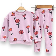 Lolli Boom Kids  Kız Çocuk Lila Renk Çiçek Baskı Desen Fitilli Tayt Sweatshirt 2li Takım