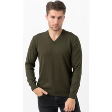 White Stone Treviso 2116 Slim Fit Pamuklu V Yaka Düz Triko Haki
