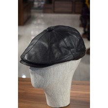Shopiolog Hakiki Deri Siyah Kasket Düğmeli Klasik Kışlık Kasket Lastikli Şapka