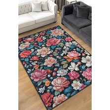 Homshtag Çiçek Vadisi Koyu Renk Halı Çiçekli Salon Halısı Modern Oturma Odası Halısı Şık Siyah Halı