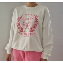 Mint Oversize Model, Beyaz Pembe Baskılı, Bisiklet Yaka, Spor Şık, 3 Iplik Şardonsuz Sweatshirt