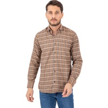 Varetta Erkek Tarçın Rengi Kışlık Kareli Cepli Yaka Düğmeli Klasik Kesim Uzun Kollu Gömlek