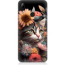 Karizma Tablo Huawei P Smart 2019 Uyumlu Silikon Kılıf Çiçekler ve Kül Gri Kedi