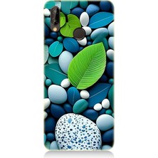 Karizma Tablo Huawei P20 Lite Uyumlu Silikon Kılıf Mavi Turkuaz Taşlar ve Yeşil Yaprak