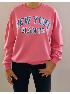 Mint Oversize Model Pembe Mavi Baskılı Bisiklet Yaka Spor Şık 3 İplik Şardonsuz Sweatshirt