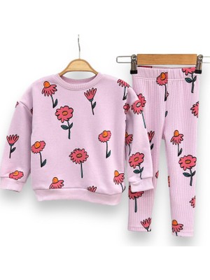 Lolli Boom Kids  Kız Çocuk Lila Renk Çiçek Baskı Desen Fitilli Tayt Sweatshirt 2li Takım