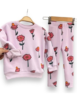 Lolli Boom Kids  Kız Çocuk Lila Renk Çiçek Baskı Desen Fitilli Tayt Sweatshirt 2li Takım