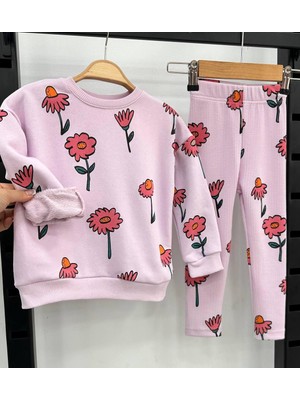 Lolli Boom Kids  Kız Çocuk Lila Renk Çiçek Baskı Desen Fitilli Tayt Sweatshirt 2li Takım