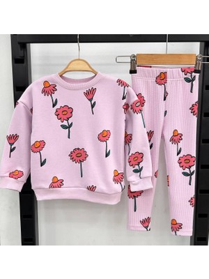 Lolli Boom Kids  Kız Çocuk Lila Renk Çiçek Baskı Desen Fitilli Tayt Sweatshirt 2li Takım