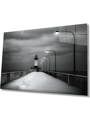 MiraLive Deniz Feneri Siyah Beyaz Cam Tablo