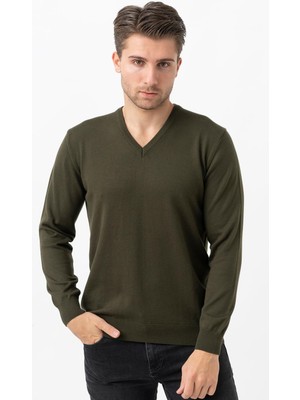 White Stone Treviso 2116 Slim Fit Pamuklu V Yaka Düz Triko Haki