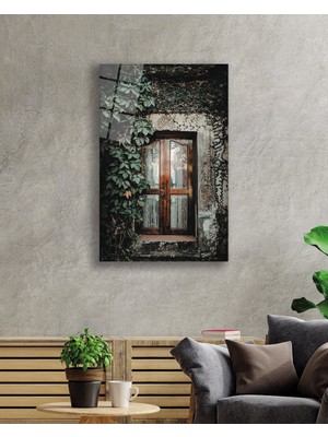 MiraLive Sarmaşıklar ve  Eski Kapı Görselli Dikey Cam Tablo