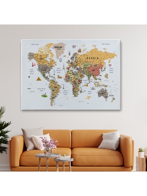 MiraLive Dünya Haritası Son Derece Ayrıntılı Eğitici ve Sembollü Kanvas Tablo 3199