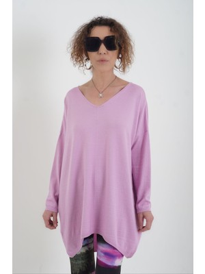 Gül Pembe Ön Arka V Yaka Bantlı Kazak