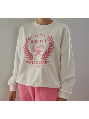 Mint Oversize Model, Beyaz Pembe Baskılı, Bisiklet Yaka, Spor Şık, 3 Iplik Şardonsuz Sweatshirt